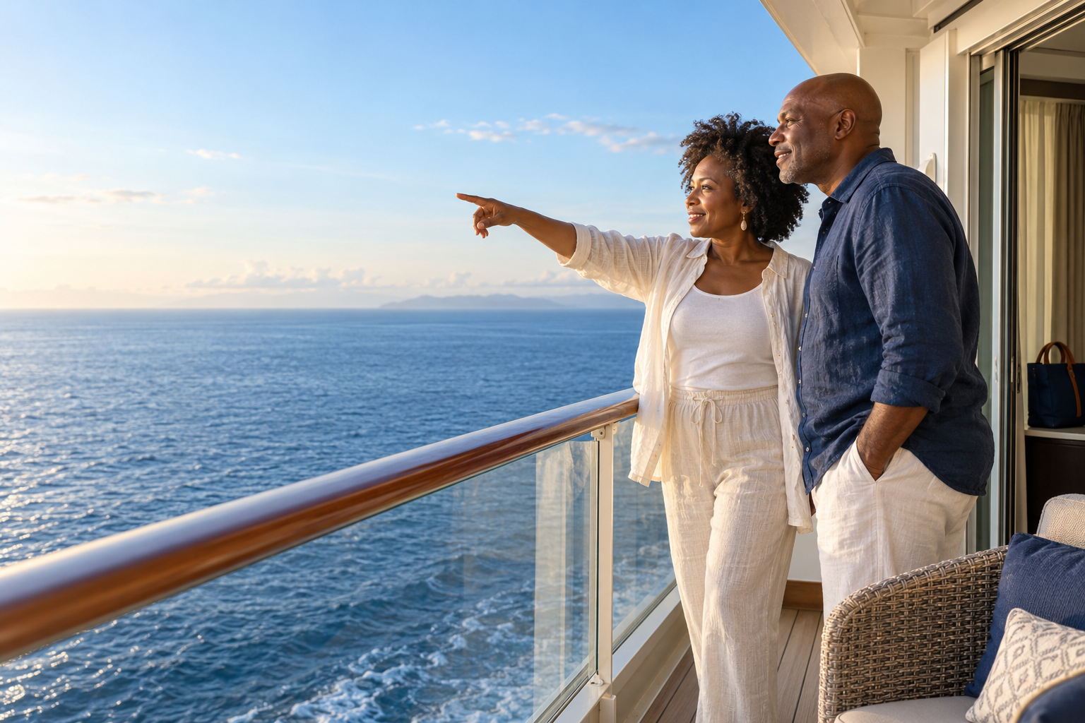 A couple enjoying the ocean view from a cruise ship balcony