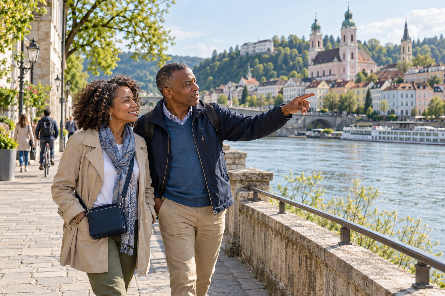 A couple exploring a European riverside town